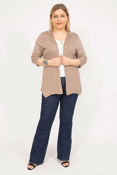 Şans Women's Mink Large Size Back Lace Detailed Capri Sleeve Cardigan 65n35780
