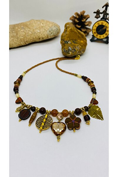 Porsuk Alternatif El yapımı tasarım pirinç aparatlı çek camı kadın kolye