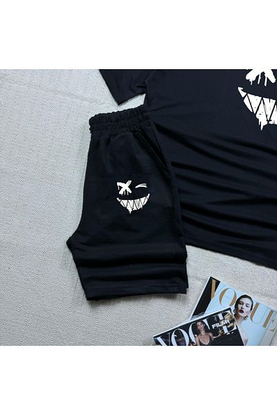 khufu Oversize BLACK Relaxed Fit Smiling Face Printed T-shirt Black Shorts and Sweatpants 3-Piece Set Unisex