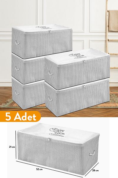 Serstil 5 Pieces - Small Size Printed Detailed Gray Striped Saddle Bag 52 X 28 X 21 Cm