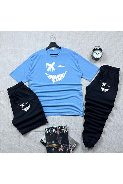 khufu Oversize Relaxed Cut Smiling Face Printed T-shirt Black Shorts and Sweatpants 3-Piece Set Unisex