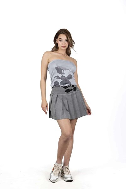 KAROL Gri Bel Detaylı Kısa Etek