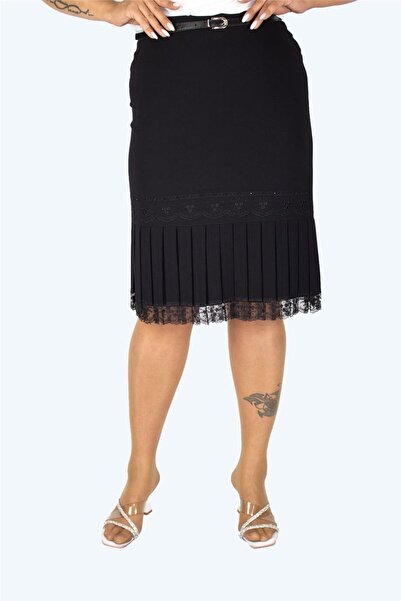 LADY FANCY Жіноча чорна плісирована спідниця великого розміру з мереживною вишивкою та камінням