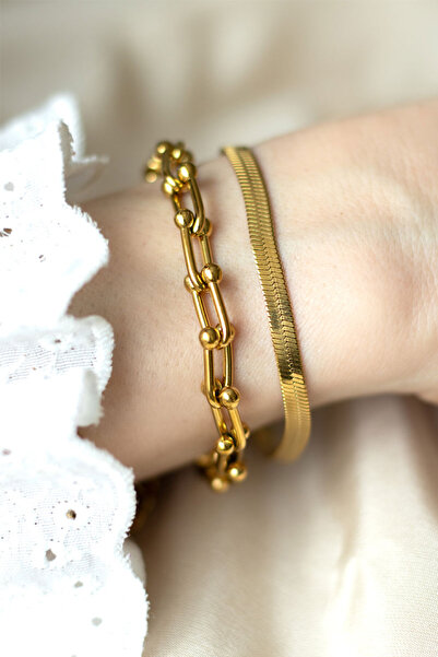 DHARMONYCO Çelik Geçmeli Kalın Zincir Tiffany Model Gold Bileklik