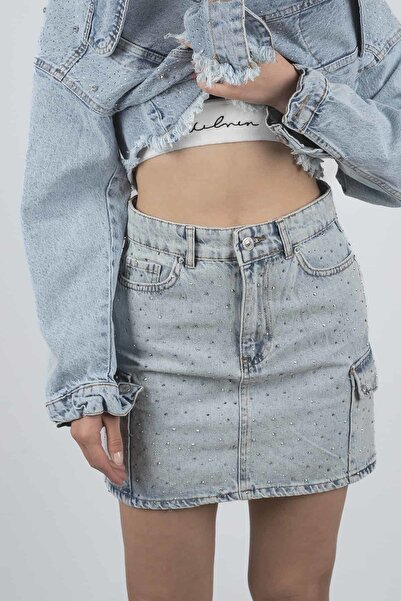 Robin Taş Detaylı Kot Etek