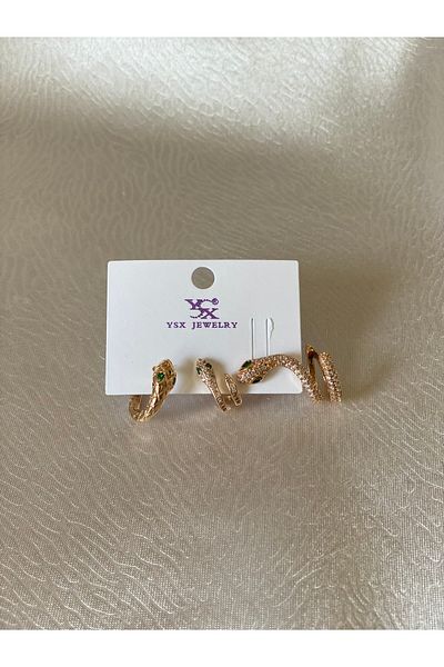 Magicway 3-Piece Steel Green-White Zircon Cubic Zirconia Snake Pattern Gold and Silver Earrings