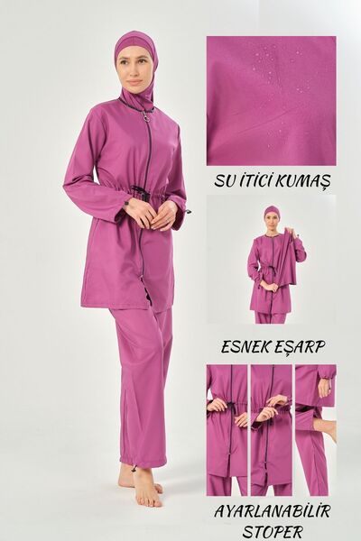 myfirstsea Kadın Düz Renk Tesettür Mayo Pantolon Bone Eşarp Tunik Tam Set Su ...