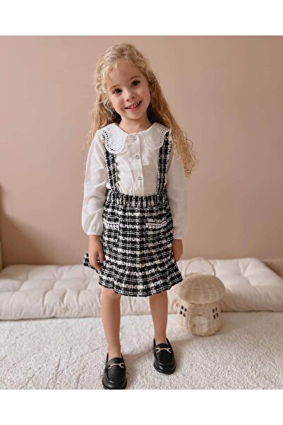 Genel Markalar Kız Çocuk Gömlekli Yakası Dantelli Salopet Tüvit Elbise
