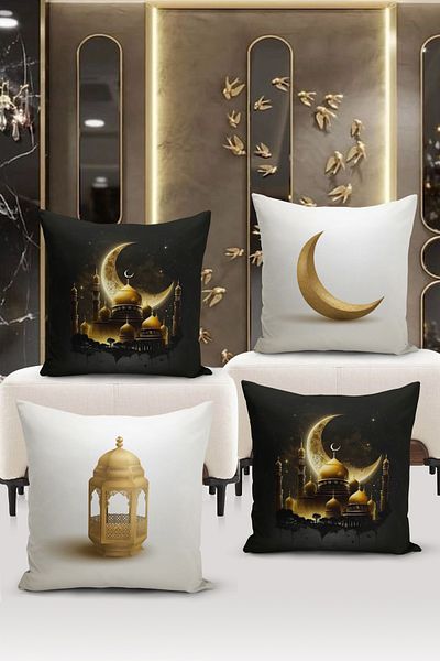 Bertille Home Seria Ramadan Set de 4 huse de pernă cu imprimare digitală pe două fețe (Set de huse de pernă Ramadan)