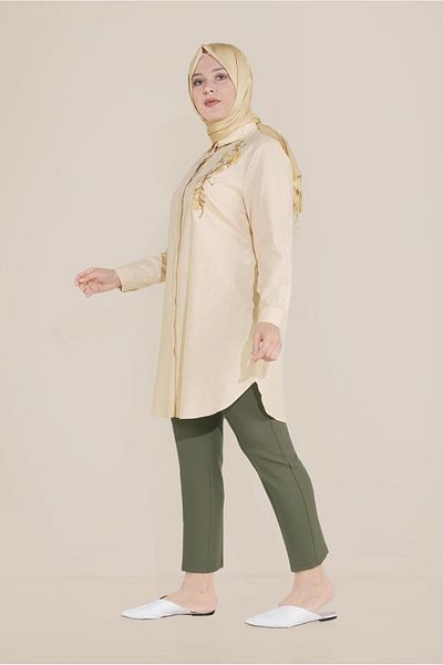 TRENDTESETTÜR Women's Brown (CAMEL) Floral Embroidered Buttoned Cotton Tunic 20047
