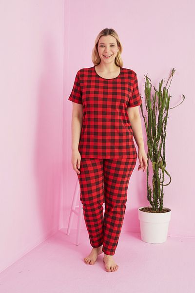 Siyah İnci Plaid Patterned Curve Plus Size Battal Height Knitted Cotton Pajama Set