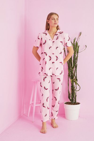Siyah İnci Cotton Knitted Pajama Set - Pink Shoes Patterned and Buttoned