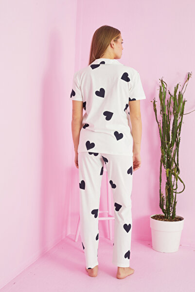 Siyah İnci Heart Patterned Ecru Navy Blue Knitted Cotton Pajama Set - Buttoned