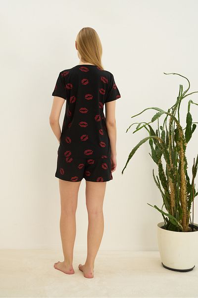 Siyah İnci Black red lip patterned Cotton Shorts-Pajamas Set