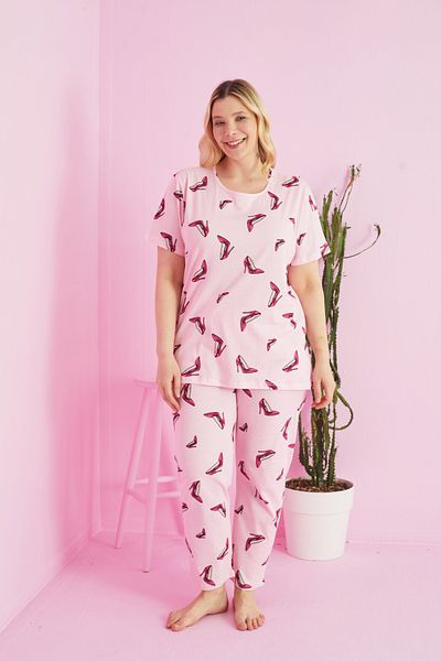 Siyah İnci Σετ Πυτζάμες Πλεκτό Curve Plus Size - Παπούτσια με ροζ σχέδιο