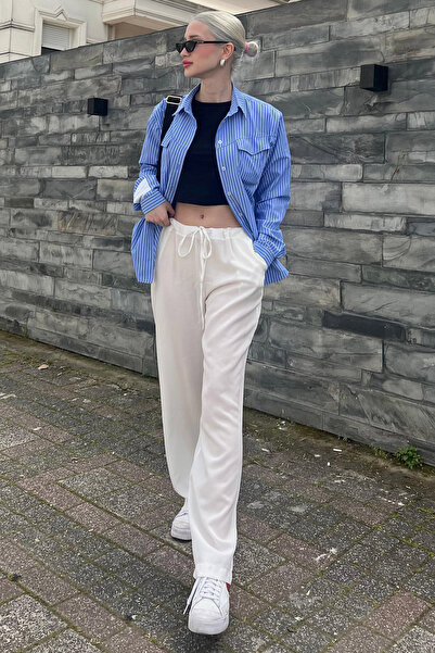 Madmext White Crinkle Fabric Basic Women's Beach Trousers