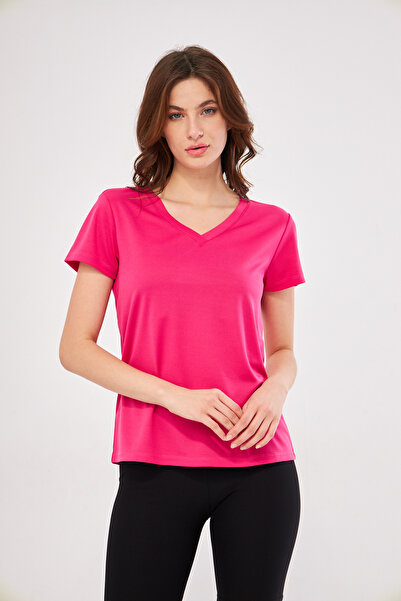 YÜKSEL IŞIK Αθλητικό T-shirt με λαιμόκοψη V Απλό Φούξια Χρώμα