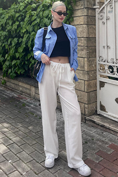 Madmext White Crinkle Fabric Basic Women's Beach Trousers