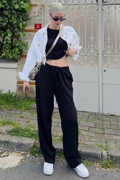 Madmext Schwarze Basic-Strandhose für Damen aus Crinkle-Stoff Mg1778