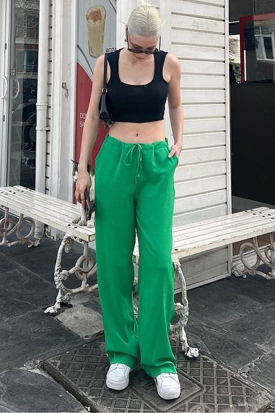 Madmext Grüne Crinkle-Stoff-Basic-Strandhose für Damen Mg1778