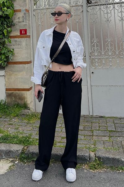 Madmext Schwarze Basic-Strandhose für Damen aus Crinkle-Stoff Mg1778