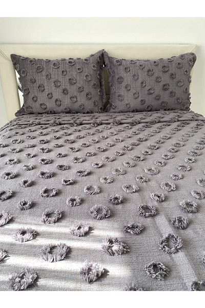 Tly Home Textiles TLY POMPONED BED COVER DOUBLE PERSON (ANTHRACITE GRAY)