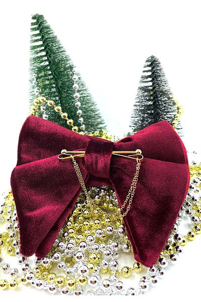 Kravatkolik Burgundy Velvet Big Bow Tie with Gold Color Chain P1403