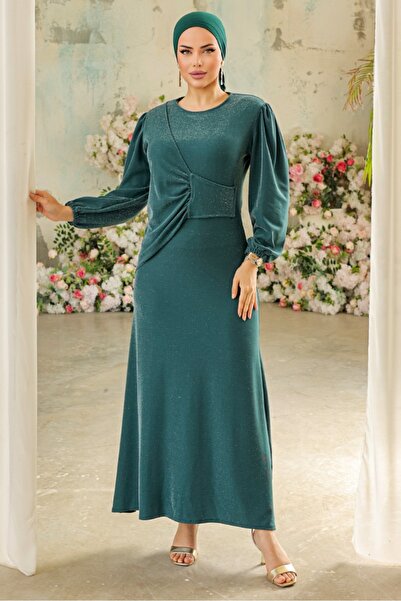 Bestenur Χακί Danla Glitter βραδινό φόρεμα 833