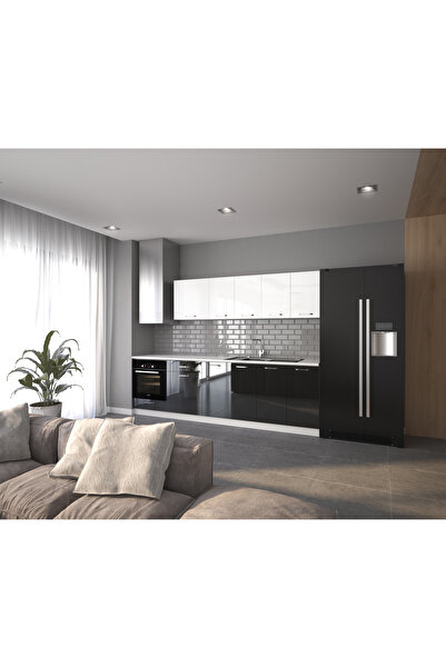 visasconcept 280 Cm Zümrüt Hazır Mutfak Dolabı Parlak Hıgh-gloss Ankastre Modüllü Cam Kapaklı Beyaz Ve Siyah