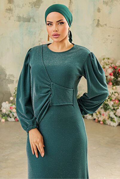 Bestenur Χακί Danla Glitter βραδινό φόρεμα 833