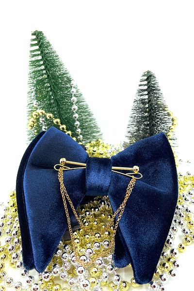 Kravatkolik Navy Blue Velvet Large Bow Tie with Chain P1404