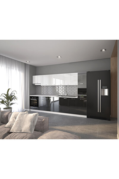 visasconcept 320 Cm Güler Hazır Mutfak Dolabı Parlak Hıgh-gloss Kiler, Ankastre, Aspiratör- Camlı- Beyaz, Siyah