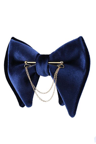 Kravatkolik Navy Blue Velvet Large Bow Tie with Chain P1404