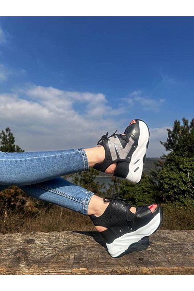 Lady sandale sport de damă alb-negru cu tocuri cu pană
