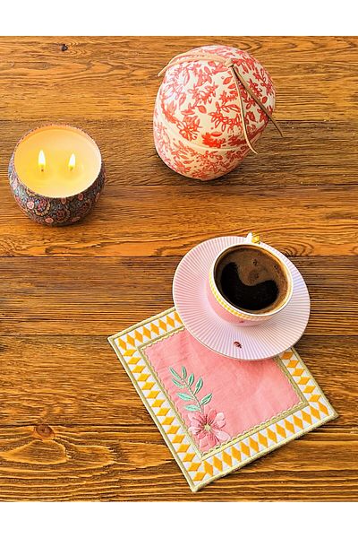 ge living La Majorelle Pink and Mustard Cocktail Napkin - Compatible Set of 2