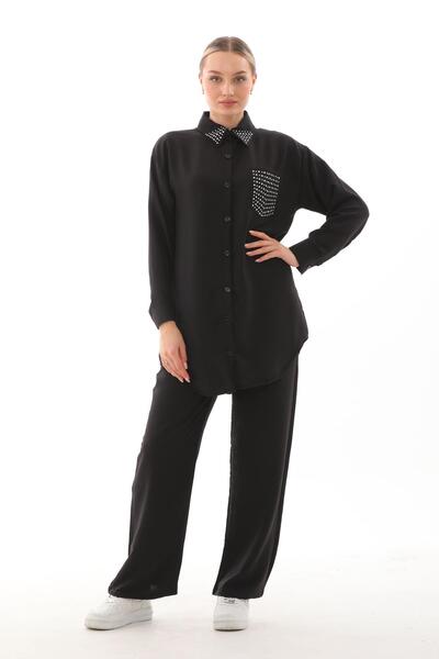 WestBound Women's Jewelled Hijab Double Summer Tunic Trousers Bottom and Top Set - Black