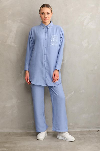 WestBound Women's Jewelled Hijab Double Summer Tunic Trousers Bottom and Top Set - Ice Blue