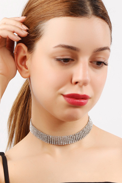 Nemesis Takı Women's Zircon Stone Silver Choker Necklace Wedding Engagement Evening Dress Bridal Jewelry Silver Chocker 6 Row Choker