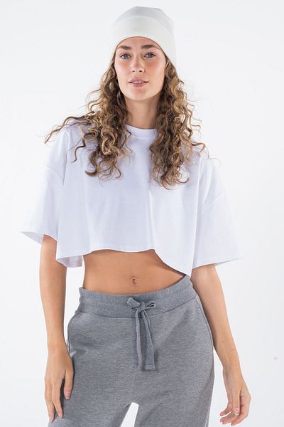 Friday Offset Tricou crop oversize, alb, 100% bumbac, pentru femei Monica