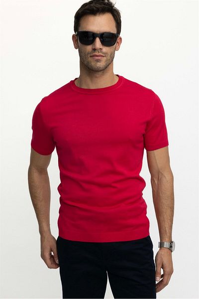 Tudors Men's Slim Fit Slim Fit Cotton Knitted Knitwear Pomegranate Color Crew Neck T-Shirt