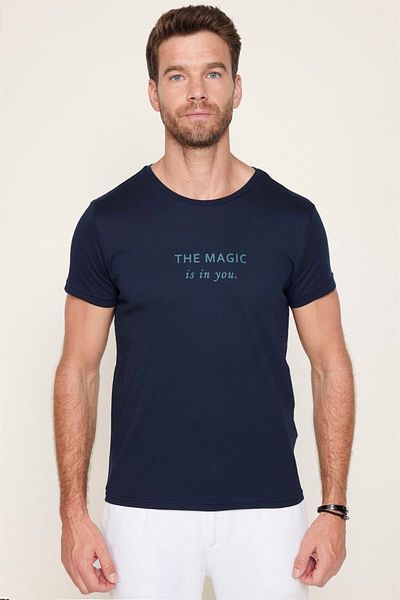 Tudors Tricou Slim Fit pentru bărbați, 100% bumbac, cu textura moale, imprimat, albastru marin
