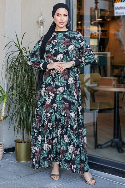 Bestenur Green Viscose Dress - Palm Pattern, Woven, Model 853