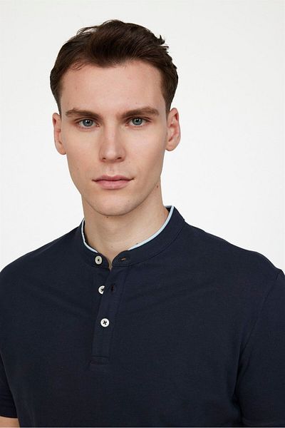Tudors Ανδρικό μπλουζάκι με λεπτή εφαρμογή Slim Fit 100% βαμβακερό απλό πικέ μπλε ναυτικό μπλουζάκι με γιακά