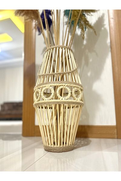 DEKOLOBİ Bamboo Stick - Φυσικό Βάζο με μοτίβο κύβου / Ξύλινο βάζο Pampas