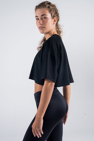 Friday Offset Tricou crop supradimensionat, negru, 100% bumbac, pentru femei Monica