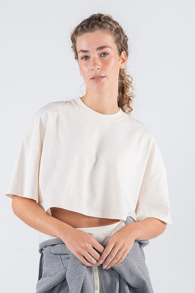 Friday Offset Tricou de damă Monica, alb, 100% bumbac, cu decolteu rotund, crop supradimensionat