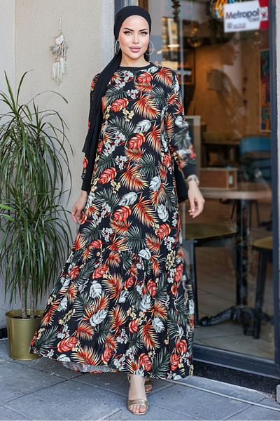 Bestenur Viscose Palm Patterned Black Dress - 853