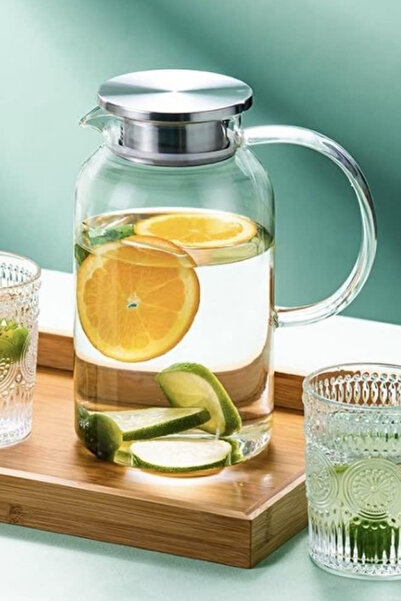 NEWNOW Cam Sürahi, Sıcak ve Soğuk İçeçeklere Dayanıklı Cam, Paslanmaz Çelik k...