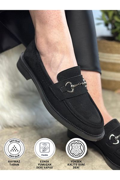 İmerShoes Mocasini de zi cu zi din piele întoarsă neagră, platinata, cu talpa clasica, cu catarama, cu varf oval, pantofi mocasin 120