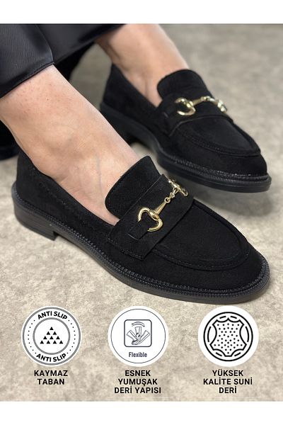 İmerShoes Daily Mocasin din piele întoarsă neagră pentru femei, auriu, cu model clasic, cu catarama, pantofi mocasin cu varf oval 120